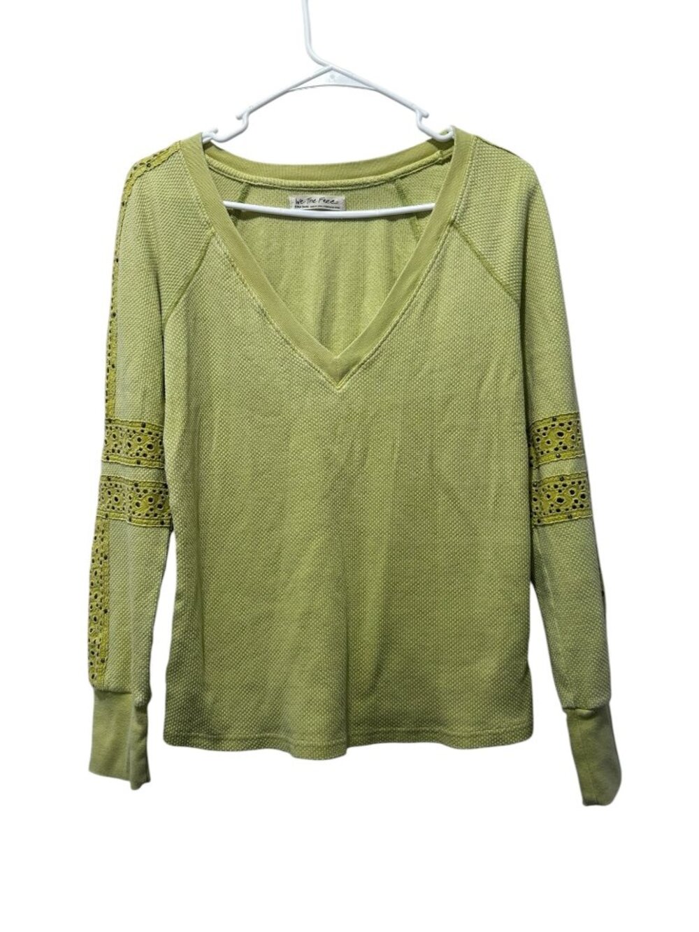Free People Crochet Sleeves Thermal Sweatshirt Top Womens XS Green V-Neck Boho